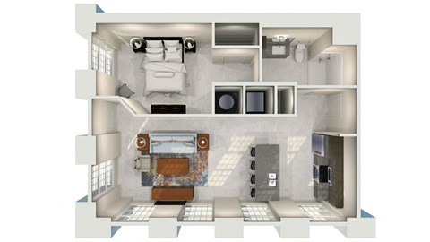 Floor plan for 1 bed, 1 bath, 782 sqft